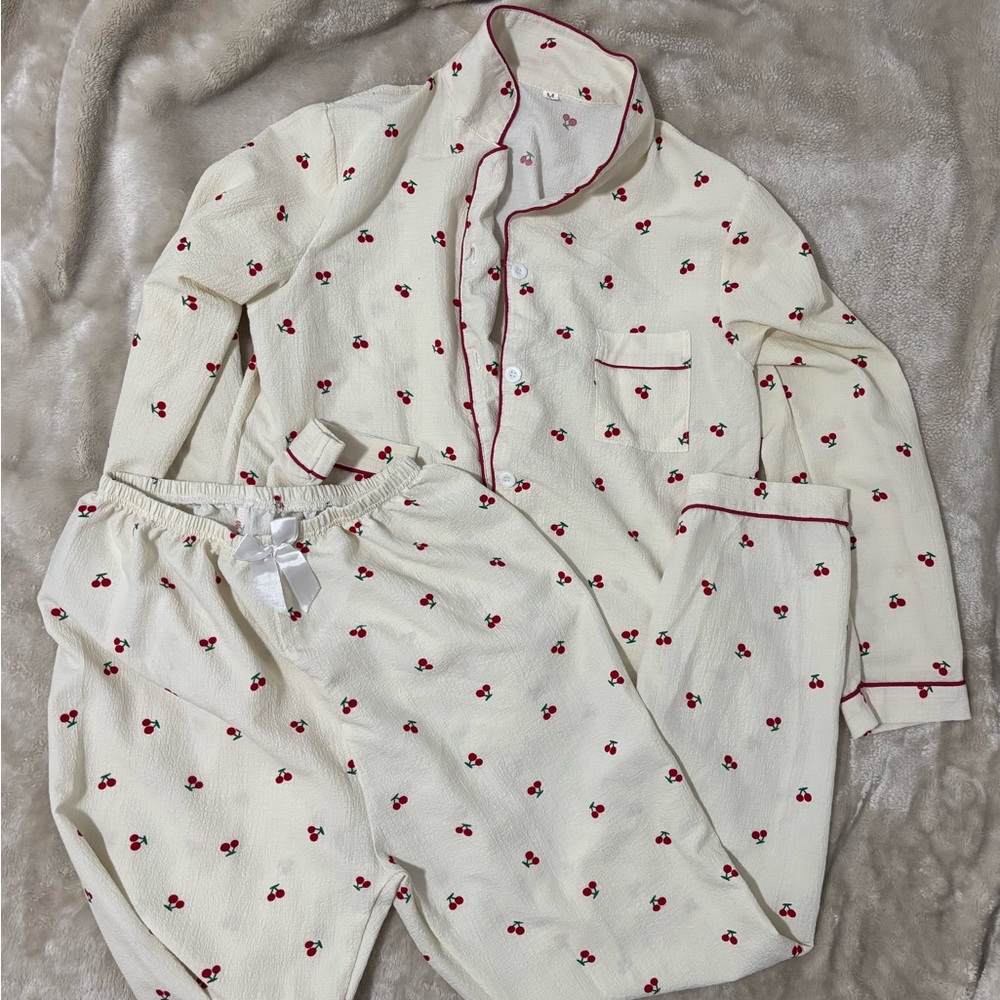 SHEIN Cherry Print Pajamas - Cream and Red